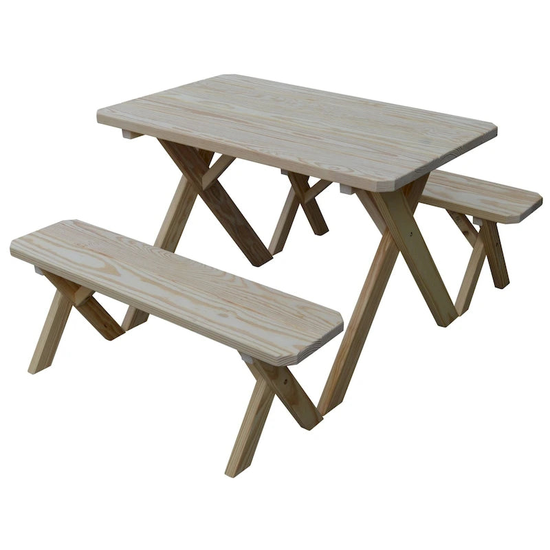 Table de pique-nique en pin de 1,5 m à pieds croisés avec 2 bancs