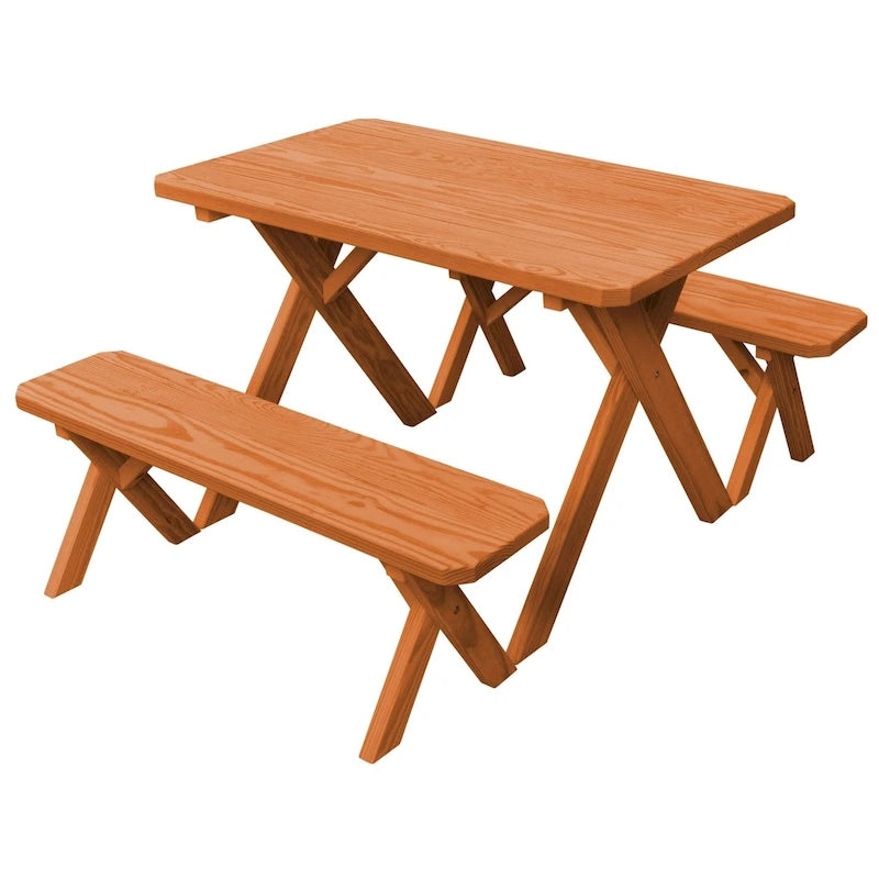 Table de pique-nique en pin de 1,5 m à pieds croisés avec 2 bancs