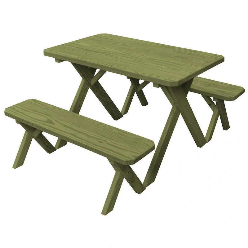 Table de pique-nique en pin de 1,5 m à pieds croisés avec 2 bancs