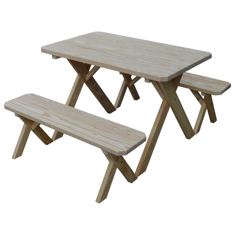 Table de pique-nique en pin de 1,5 m à pieds croisés avec 2 bancs