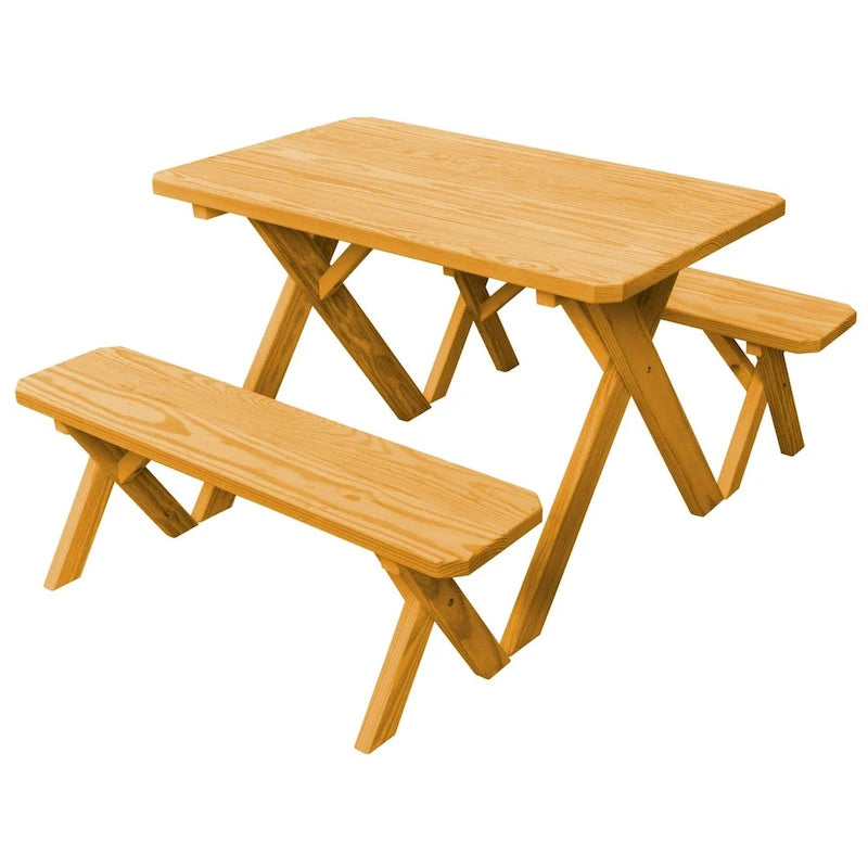 Table de pique-nique en pin de 1,5 m à pieds croisés avec 2 bancs