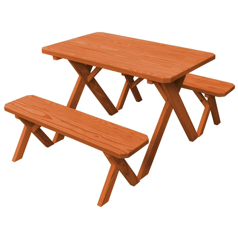 Table de pique-nique en pin de 1,5 m à pieds croisés avec 2 bancs
