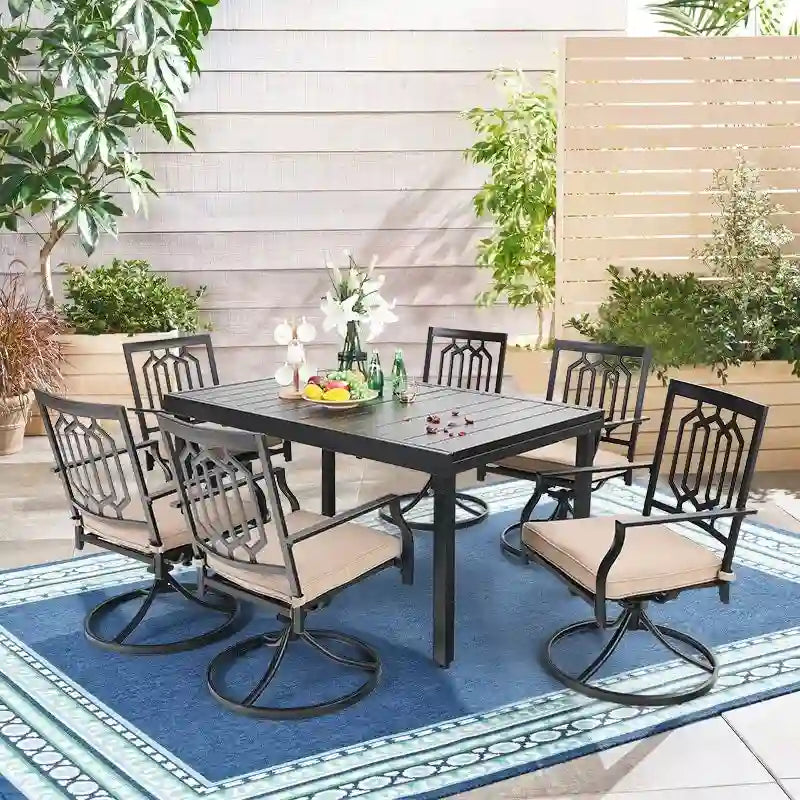 Ensemble de salle à manger d'extérieur MAISON ARTS pour 6 à 8 personnes, comprenant 6 à 8 chaises pivotantes en métal et 1 table rectangulaire extensible.