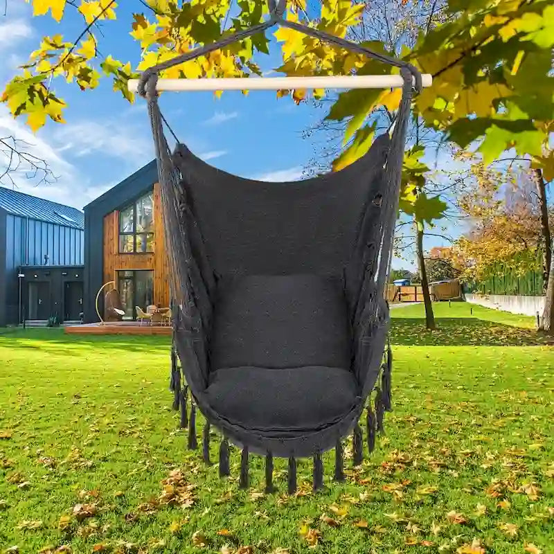 Fauteuil suspendu à pompons et coussin beige/gris foncé