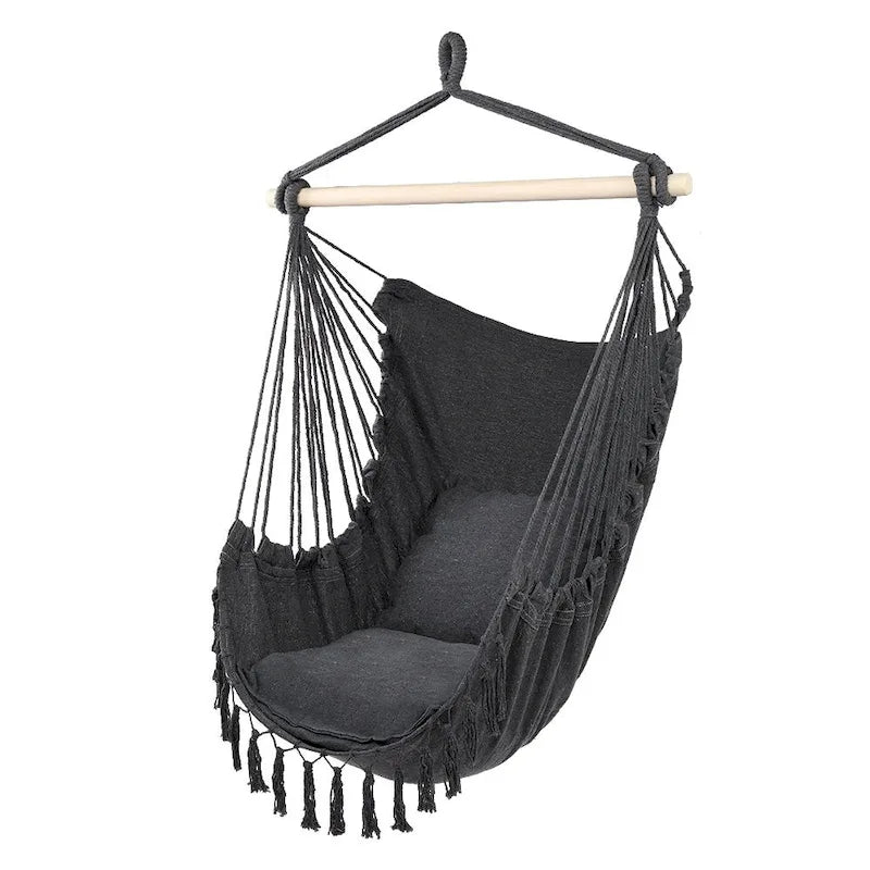 Fauteuil suspendu à pompons et coussin beige/gris foncé