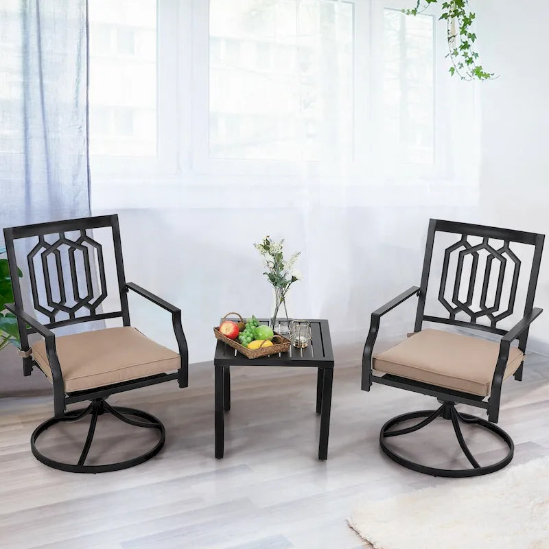 Ensemble de salle à manger d'extérieur 3 pièces MAISON ARTS, comprenant 1 chaise de salle à manger pivotante en acier avec coussin et 1 petite table basse carrée en métal noir.