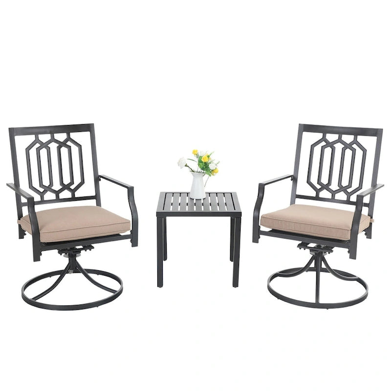 Ensemble de salle à manger d'extérieur 3 pièces MAISON ARTS, comprenant 1 chaise de salle à manger pivotante en acier avec coussin et 1 petite table basse carrée en métal noir.