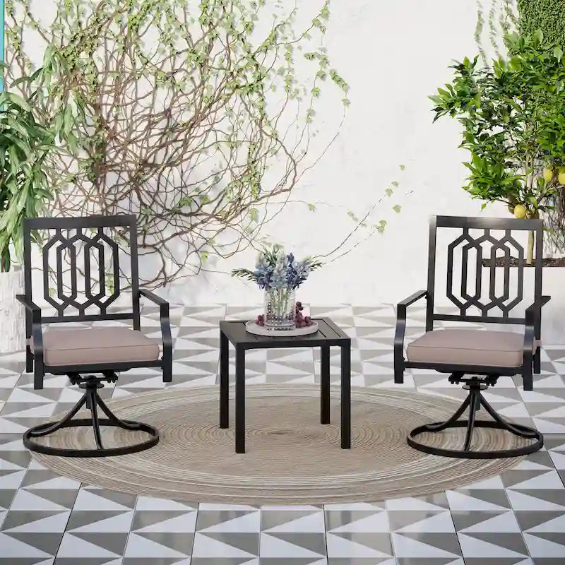Ensemble de salle à manger d'extérieur 3 pièces MAISON ARTS, comprenant 1 chaise de salle à manger pivotante en acier avec coussin et 1 petite table basse carrée en métal noir.