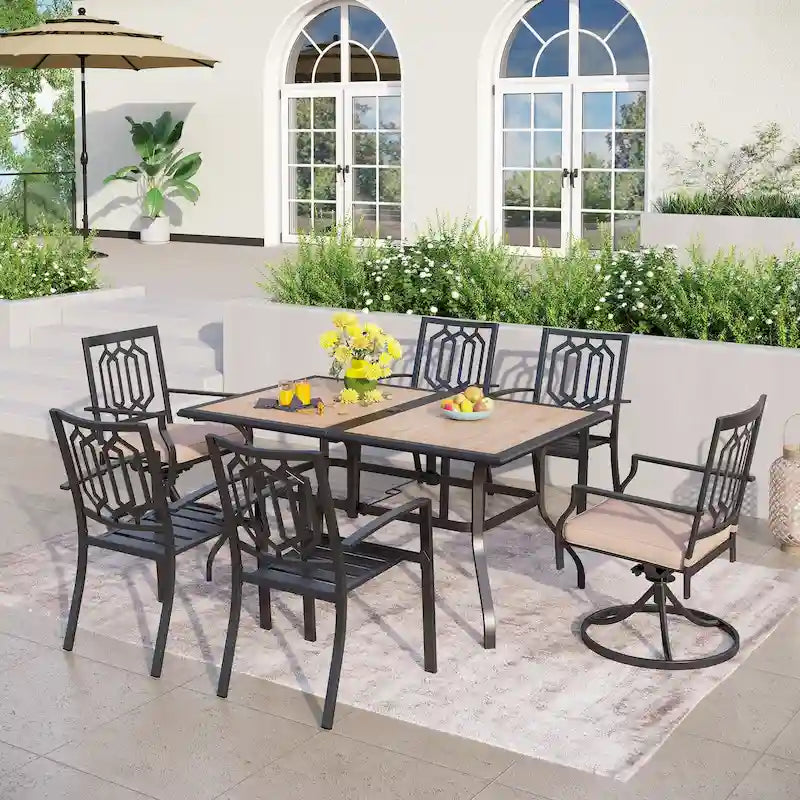 Ensemble de salle à manger d'extérieur MAISON ARTS 7 pièces comprenant 2 chaises de jardin pivotantes avec coussin, 4 chaises en acier et 1 table rectangulaire.