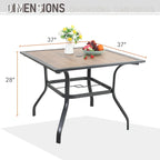 Ensemble de salle à manger d'extérieur 5 pièces, comprenant 1 table carrée en métal de 94 cm avec trou pour parasol et 4 chaises en rotin avec coussins.