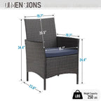 Ensemble de salle à manger d'extérieur 5 pièces, comprenant 1 table carrée en métal de 94 cm avec trou pour parasol et 4 chaises en rotin avec coussins.
