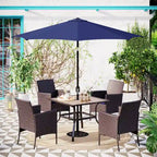 Ensemble de salle à manger d'extérieur 5 pièces, comprenant 1 table carrée en métal de 94 cm avec trou pour parasol et 4 chaises en rotin avec coussins.