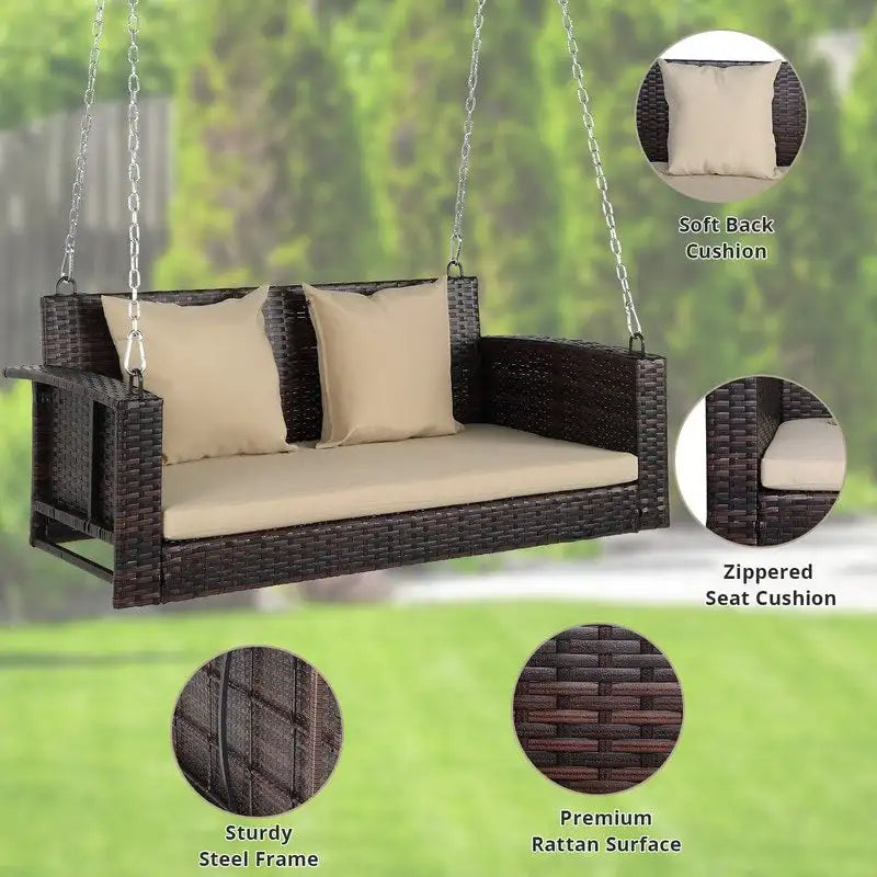 Balancelle d'extérieur en osier pour 2 personnes avec coussin