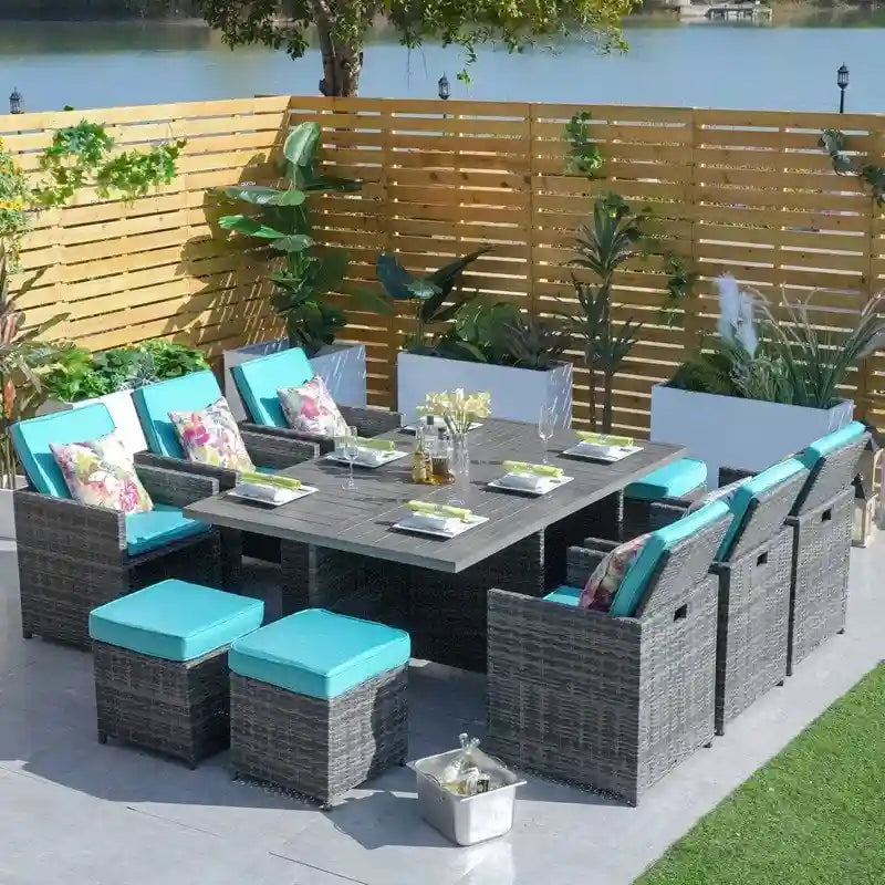 Ensemble de salle à manger de patio en aluminium et résine tressée 11 pièces avec chaises et poufs