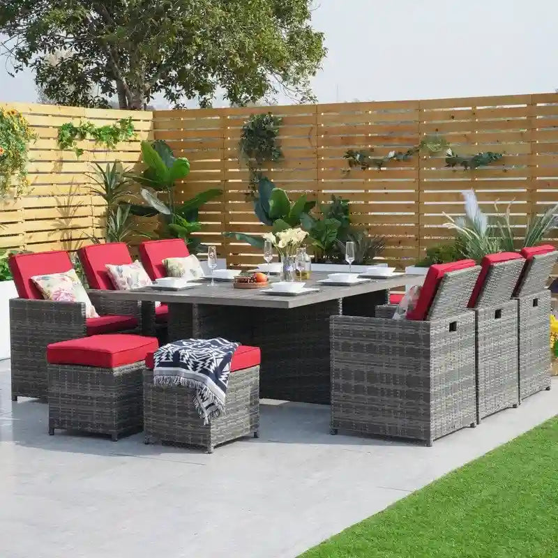 Ensemble de salle à manger de patio en aluminium et résine tressée 11 pièces avec chaises et poufs