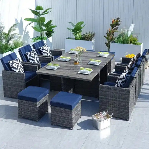 11-Piece Patio Wicker Aluminum Dining Table Set w/ Chairs and Ottomans