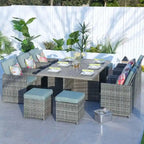 Ensemble de salle à manger de patio en aluminium et résine tressée 11 pièces avec chaises et poufs