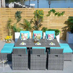 Ensemble de salle à manger de patio en aluminium et résine tressée 11 pièces avec chaises et poufs