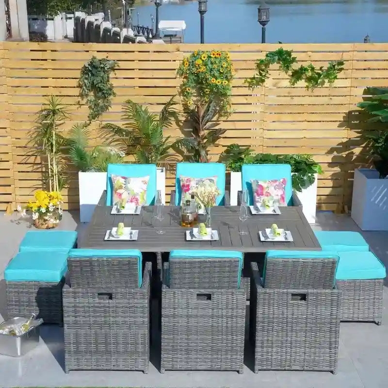 Ensemble de salle à manger de patio en aluminium et résine tressée 11 pièces avec chaises et poufs
