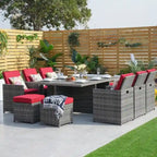 Ensemble de salle à manger de patio en aluminium et résine tressée 11 pièces avec chaises et poufs