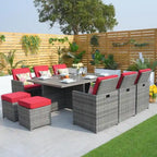 Ensemble de salle à manger de patio en aluminium et résine tressée 11 pièces avec chaises et poufs