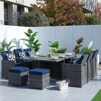 Ensemble de salle à manger de patio en aluminium et résine tressée 11 pièces avec chaises et poufs