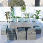 Ensemble de salle à manger de patio en aluminium et résine tressée 11 pièces avec chaises et poufs