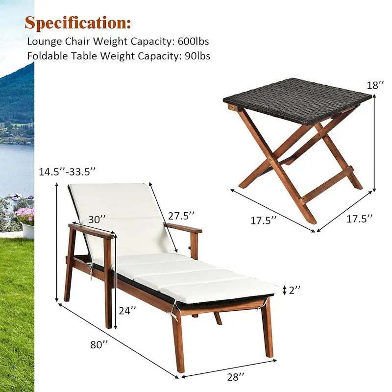 Ensemble de 3 chaises longues de patio en rotin Costway avec table pliante et méridienne en bois.