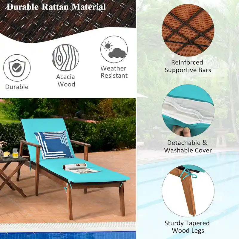 Ensemble de 3 chaises longues de patio en rotin Costway avec table pliante et méridienne en bois.