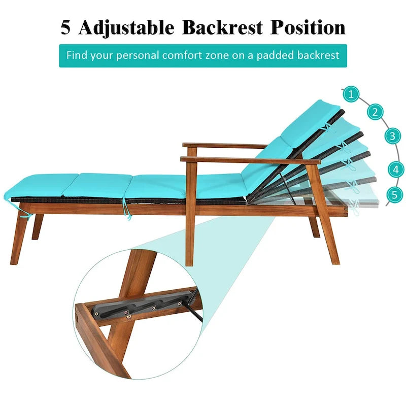 Ensemble de 3 chaises longues de patio en rotin Costway avec table pliante et méridienne en bois.