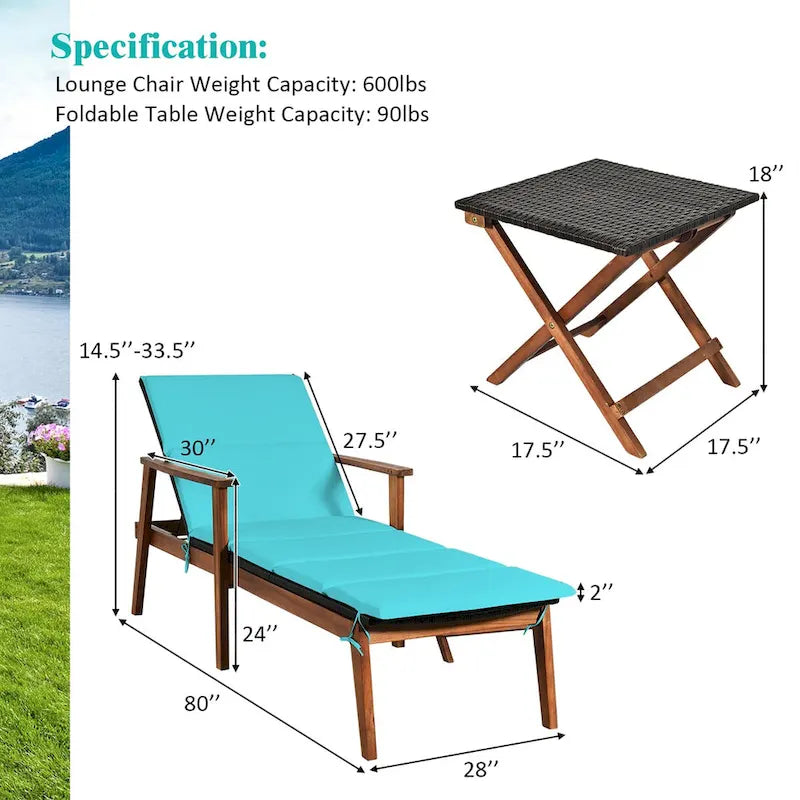 Ensemble de 3 chaises longues de patio en rotin Costway avec table pliante et méridienne en bois.