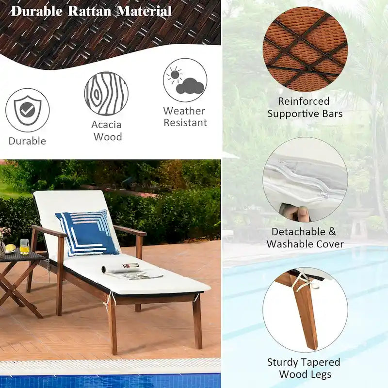 Ensemble de 3 chaises longues de patio en rotin Costway avec table pliante et méridienne en bois.