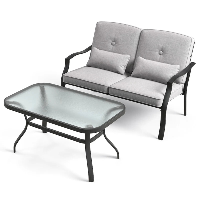 Ensemble de deux fauteuils d'extérieur avec table basse en verre trempé - 48 x 30 x 29