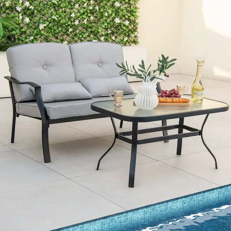 Ensemble de deux fauteuils d'extérieur avec table basse en verre trempé - 48 x 30 x 29