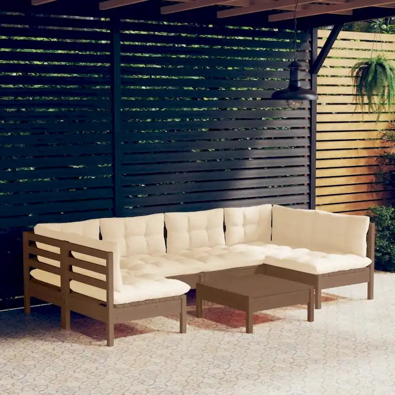 Ensemble de salon de jardin vidaXL en pin massif, 7 pièces, avec coussins multicolores - 25 x 25 x 24,6