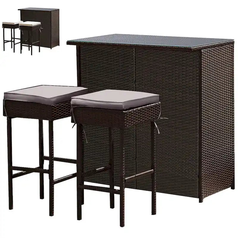 Ensemble de salle à manger Gymax 3 pièces en rotin, table et tabourets, gris et noir.