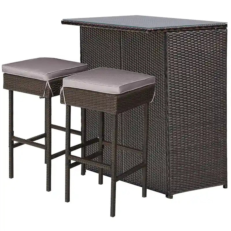 Ensemble de salle à manger Gymax 3 pièces en rotin, table et tabourets, gris et noir.