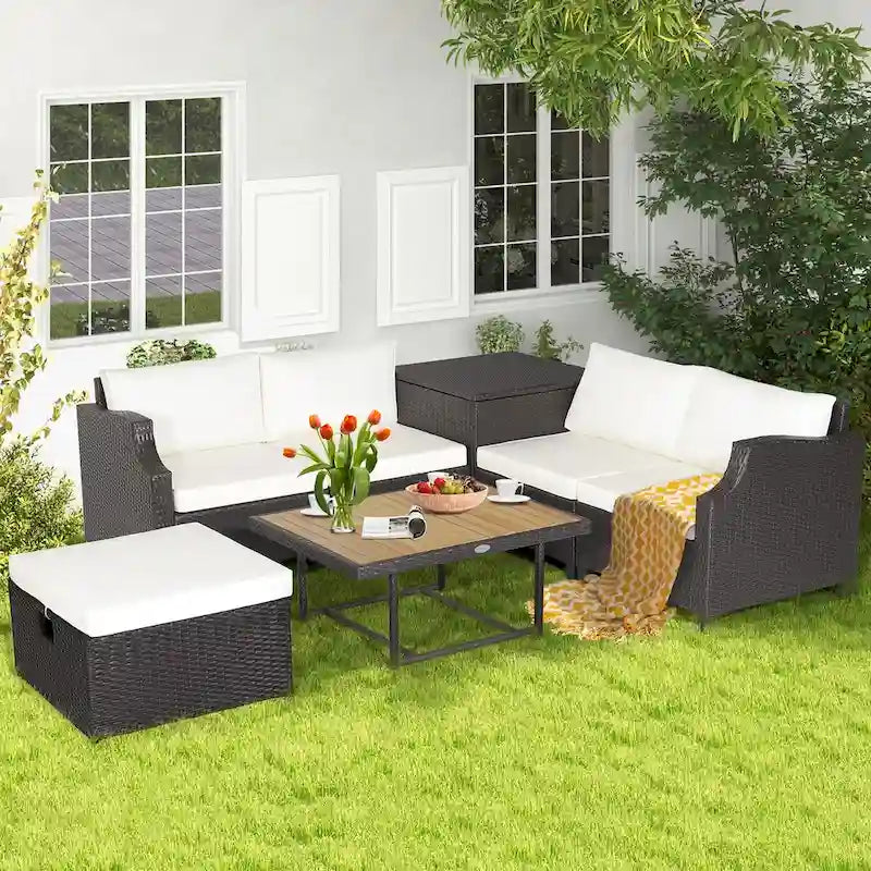 Costway 7pcs Patio Outdoor PE Wicker Cushioned Furniture Conversation - 35  x 27  x 15  (L x W x H)