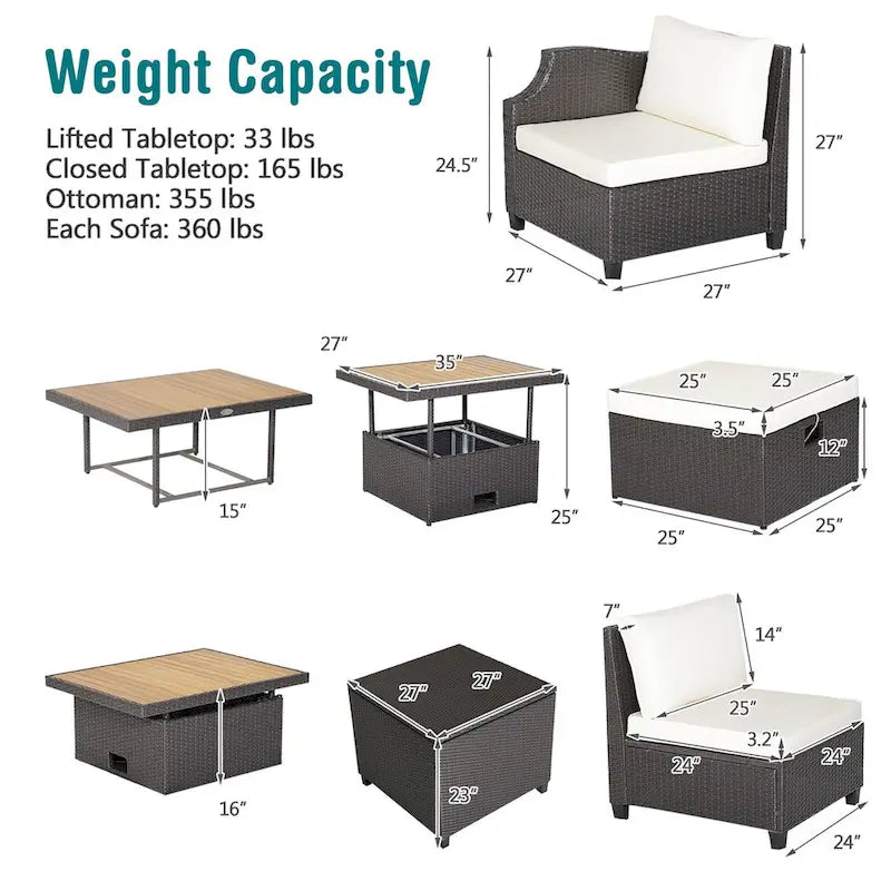 Ensemble de 7 meubles de conversation en résine tressée PE rembourrée pour patio extérieur Costway - 35 x 27 x 15 (L x l x H)