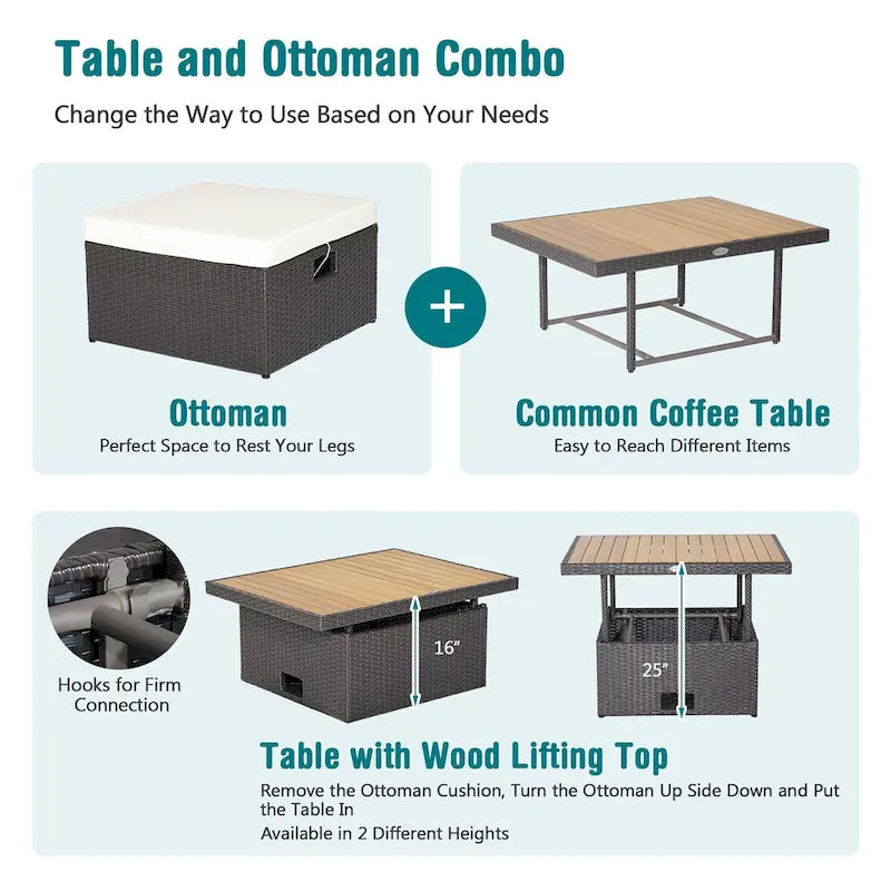 Ensemble de 7 meubles de conversation en résine tressée PE rembourrée pour patio extérieur Costway - 35 x 27 x 15 (L x l x H)
