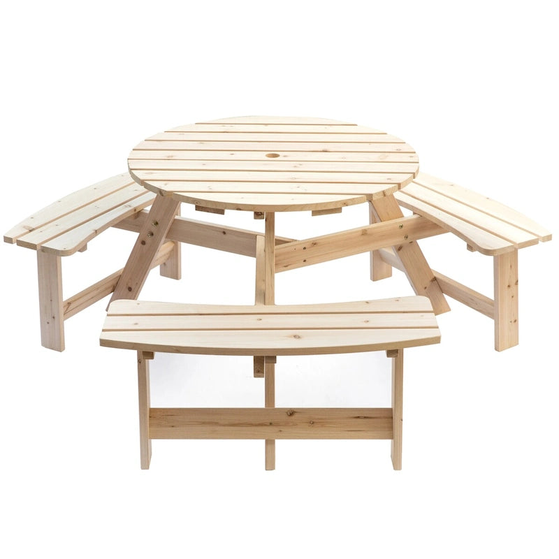 Table de pique-nique ronde d'extérieur en bois avec bancs intégrés