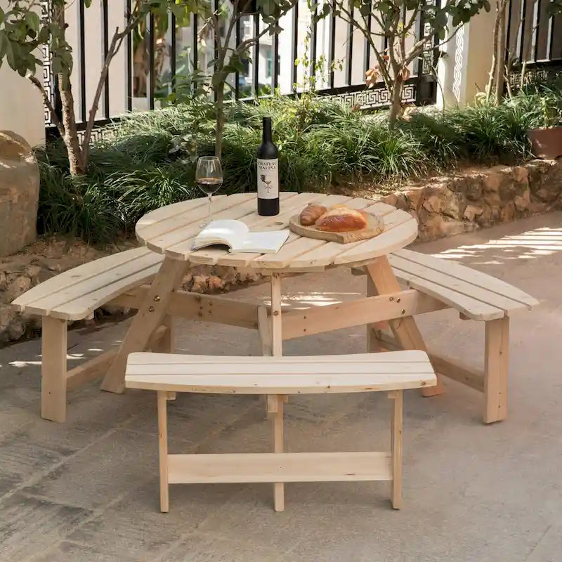 Table de pique-nique ronde d'extérieur en bois avec bancs intégrés
