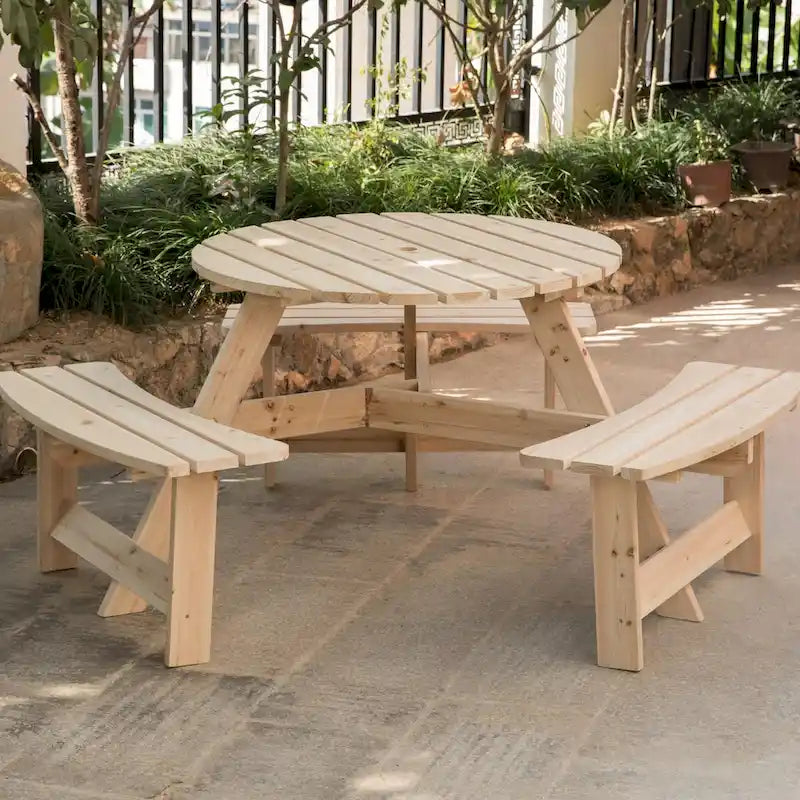 Table de pique-nique ronde d'extérieur en bois avec bancs intégrés