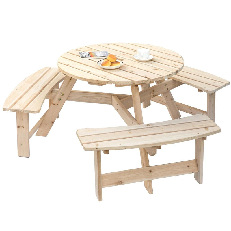 Table de pique-nique ronde d'extérieur en bois avec bancs intégrés