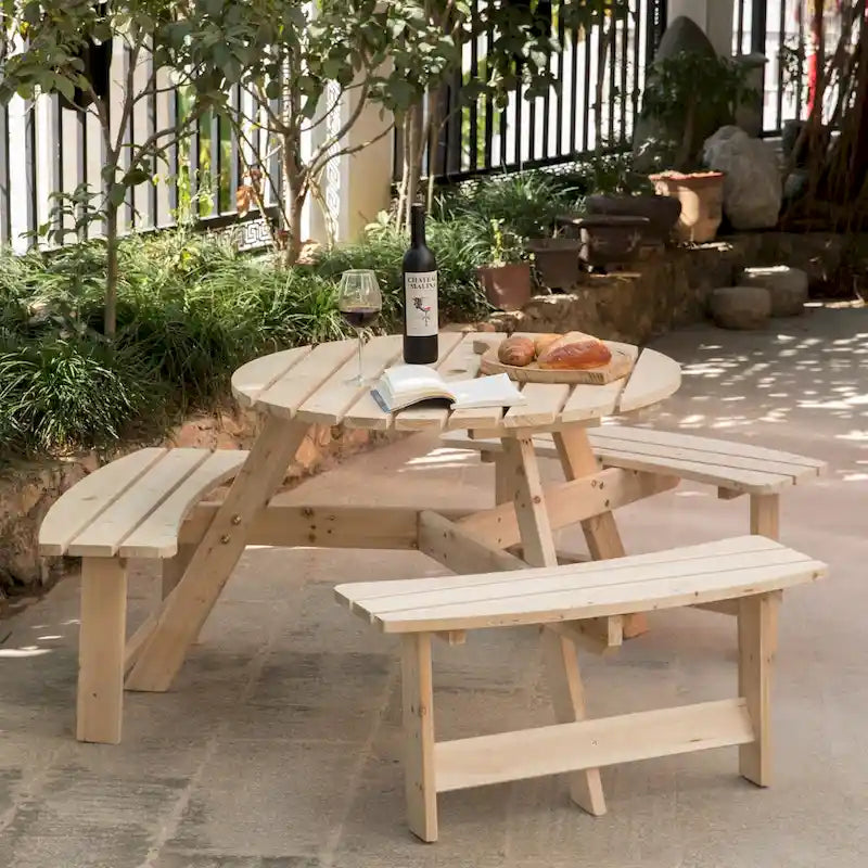 Table de pique-nique ronde d'extérieur en bois avec bancs intégrés