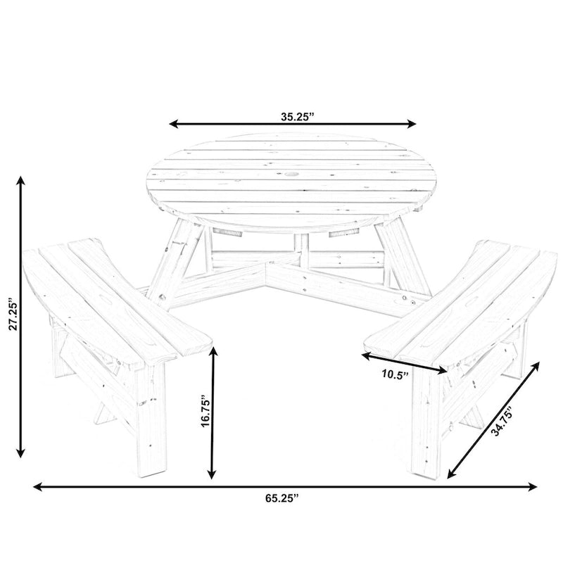 Table de pique-nique ronde d'extérieur en bois avec bancs intégrés