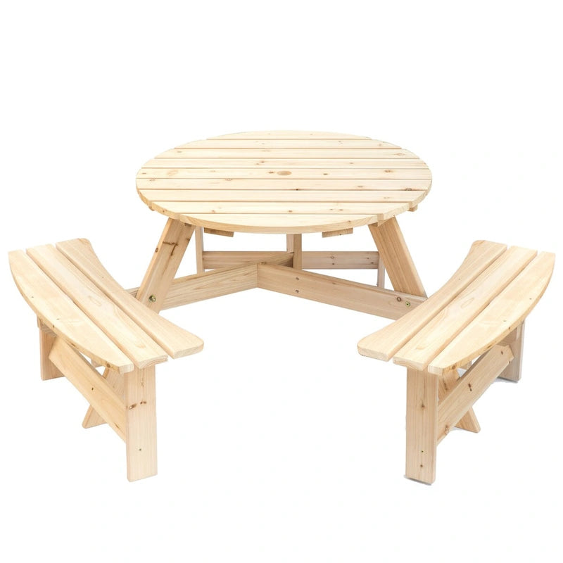 Table de pique-nique ronde d'extérieur en bois avec bancs intégrés
