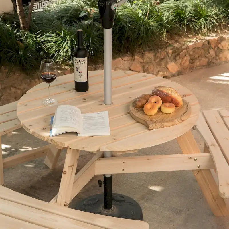 Table de pique-nique ronde d'extérieur en bois avec bancs intégrés