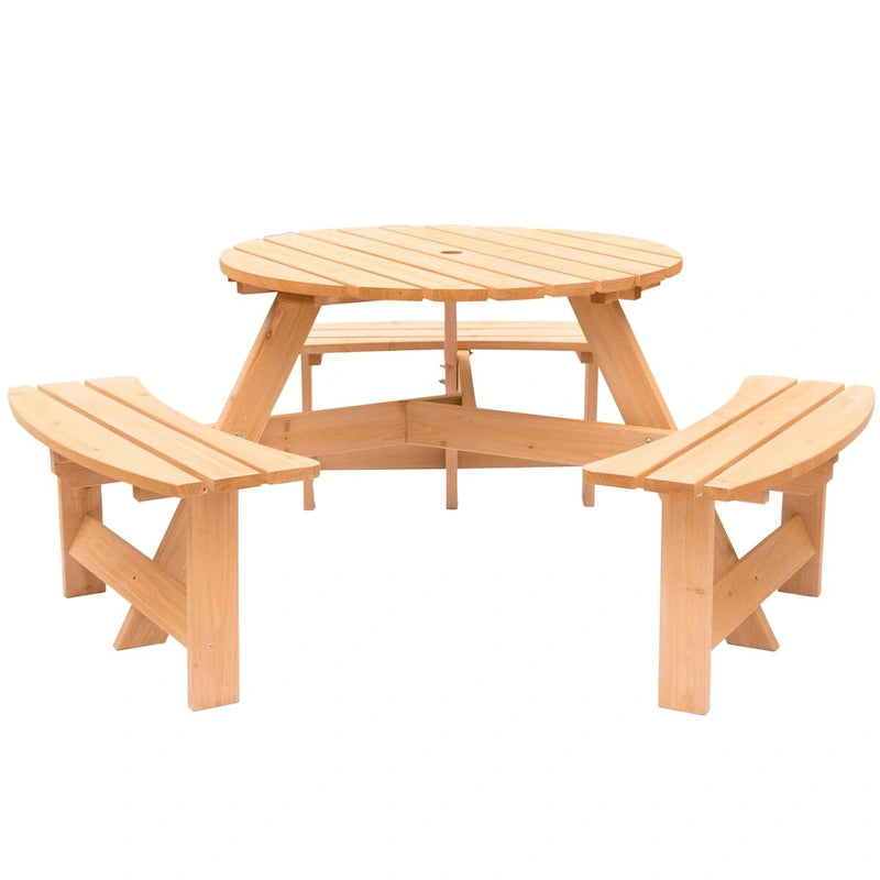 Table de pique-nique ronde d'extérieur en bois avec bancs intégrés