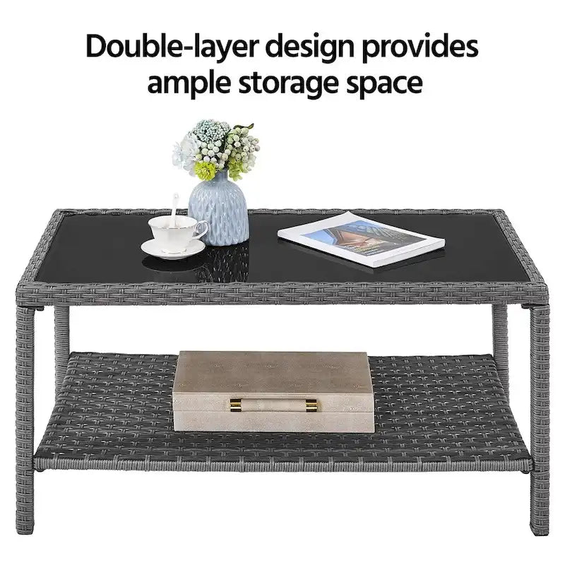 Table de patio Yaheetech en rotin tressé à 2 niveaux avec plateau en verre trempé